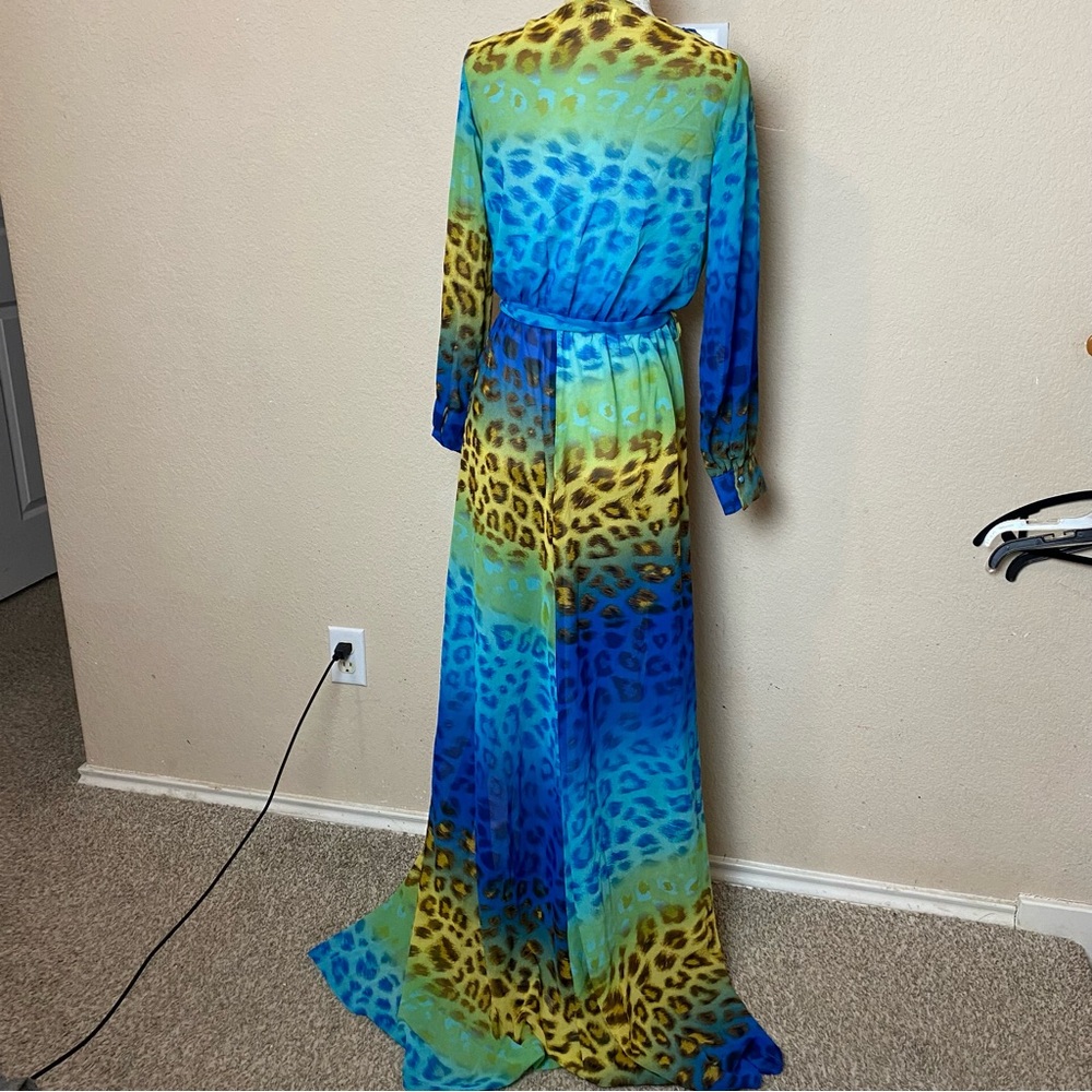 Moda Minx Dress Turquoise Leopard Print Long Sleeve Split Hem Maxi Size Small - Picture 8 of 10